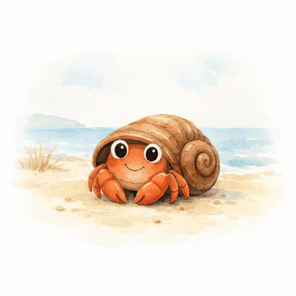 Harold the hermit crab, happy in his shell on the beach